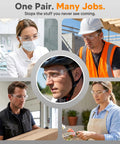 24 Pack Safety Glasses Bulk Haul Featuring Clear Polycarbonate Lenses And Rugged Wraparound Impact Shield Built For Every Shift Job Site And Workshop Eye Defense worn by various workers in multiple settings.