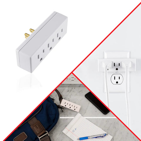 Three Outlet Wall Tap Power Extender For Home And Office Grounded 3 Prong Indoor Rated UL Listed Adapter Space Saving Horizontal Design
