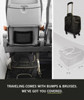 Chelsea Chevron Quilted Underseat Carry On Luggage Black with Gold Accent Zippers under airplane seat and spinner wheels visible