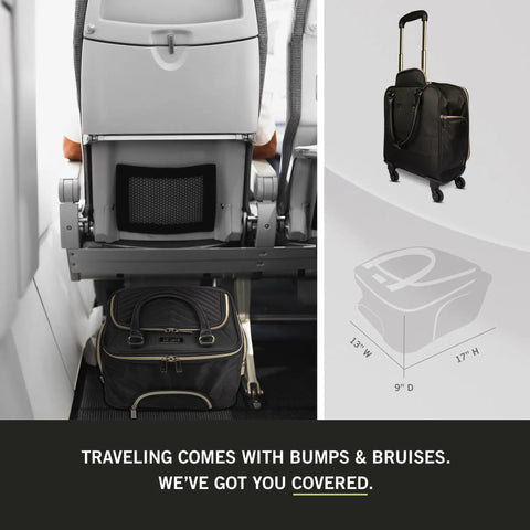 Chelsea Chevron Quilted Underseat Carry On Luggage Black with Gold Accent Zippers under airplane seat and spinner wheels visible