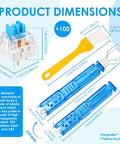 Product dimensions of Blue Mechanical Keyboard Switches 100 Pack With Upgraded 4 Claw Puller And Cleaning Brush displayed