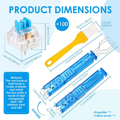 Product dimensions of Blue Mechanical Keyboard Switches 100 Pack With Upgraded 4 Claw Puller And Cleaning Brush displayed