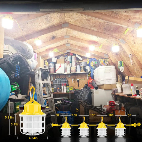 Gig Worthy Construction String Lights 75W 7500LM 5000K illuminating a cluttered attic with tools and materials.
