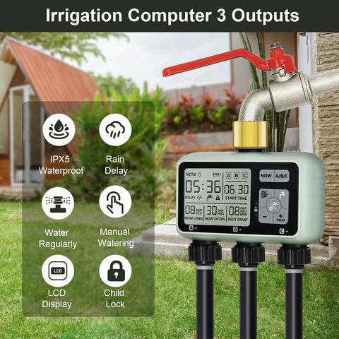 3 Zone Brass Inlet Watering Timer With Rain Delay, Auto And Manual Modes, 3 Outlet Sprinkler Timer For Outdoor Garden Hose Faucets