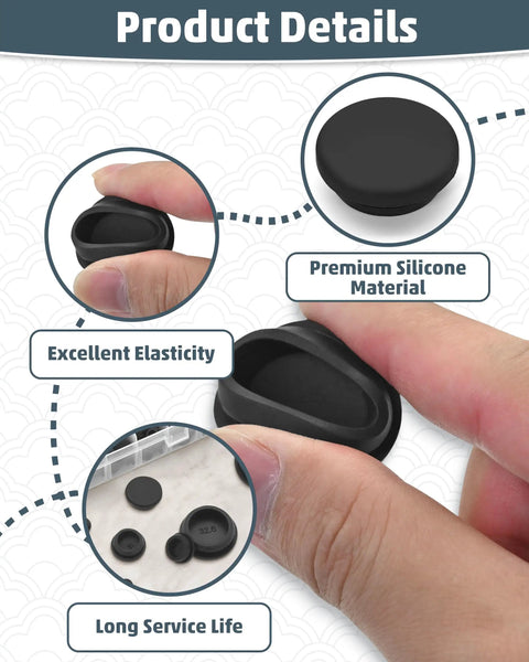 195 Pcs Black Silicone Hole Plugs Assortment Kit With Storage Box For Wire Gaps In Automotive Furniture Cabinet Electrical DIY Sealing And Cable Management Projects Super Easy Install, close-up