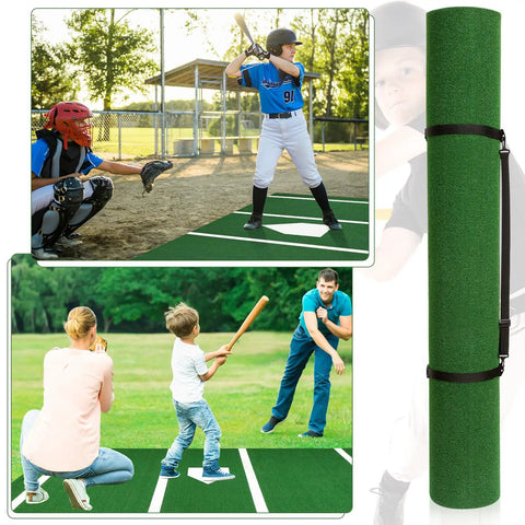 12 X 6 Ft Baseball Softball Batting Mat With Inlaid Home Plate And 5 mm Non Slip Backing, Ultra Dense Turf in use and rolled up