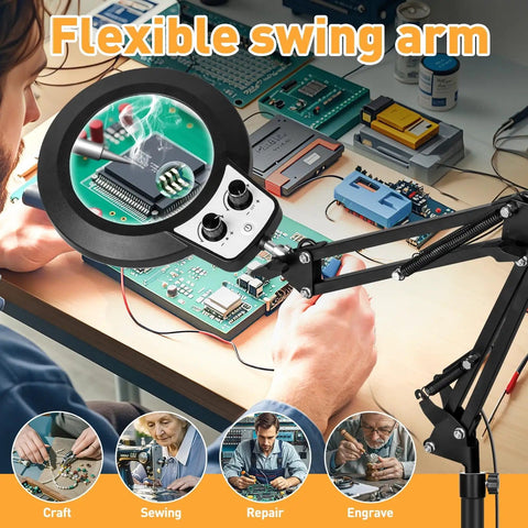 Large Floor Magnifying Glass With Light And Stand, adjustable height, used for electronics repair with flexible swing arm