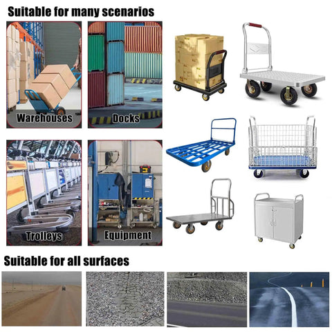Collage showing uses of Beefy Heavy Duty Pneumatic Swivel Caster Wheels With Top Plate in various scenarios and surfaces.