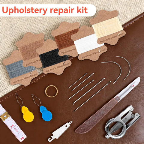 Pro Grade Leather Sewing Kit With Waxed Thread, 22 Pcs, 6 Color Spools, Needles, Awl, Thimble for Upholstery Repair
