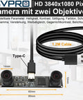 Front view of 1080P 60FPS USB Camera Module with Dual M12 Lenses and 3840x1080 resolution, featuring a Type-C connection and cable.