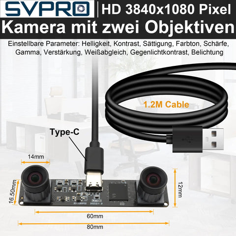 Front view of 1080P 60FPS USB Camera Module with Dual M12 Lenses and 3840x1080 resolution, featuring a Type-C connection and cable.