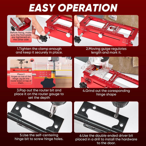 Instruction steps for using Heavy Duty Aluminum Alloy Door Hinge Jig And Deep Hole Pencil Set with adjustment features
