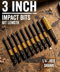Ten Piece Pro Grade All In One Impact Screwdriver Bit Set With Magnetic Extension Holder Includes PH1 PH2 PH3 Pozidriv PZ2 Slotted SL5 Torx TT15 TT20 TT25 TT30 For Power Drill And DIY Projects S2 Steel Quarter Inch Hex Shank displayed on wooden surface with 3-inch impact bits labeled.