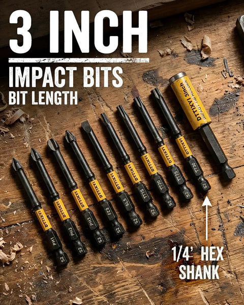 Ten Piece Pro Grade All In One Impact Screwdriver Bit Set With Magnetic Extension Holder Includes PH1 PH2 PH3 Pozidriv PZ2 Slotted SL5 Torx TT15 TT20 TT25 TT30 For Power Drill And DIY Projects S2 Steel Quarter Inch Hex Shank displayed on wooden surface with 3-inch impact bits labeled.