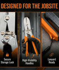 Five Blade Sheet Metal Crimp Tool With Ergonomic Grip for gutters, storage lock, high-visibility handle, lanyard feature