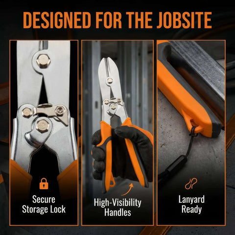 Five Blade Sheet Metal Crimp Tool With Ergonomic Grip for gutters, storage lock, high-visibility handle, lanyard feature