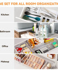 Six Pack Clear Acrylic Drawer Organizer Trays Featuring Non Slip Silicone Pads for kitchen, bathroom, office, and makeup storage.