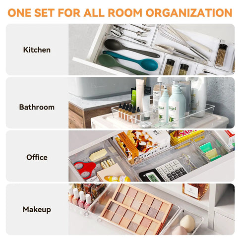 Six Pack Clear Acrylic Drawer Organizer Trays Featuring Non Slip Silicone Pads for kitchen, bathroom, office, and makeup storage.
