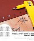 50 Pc Stainless Steel Closed Blind Rivet Kit With Smooth Dome Heads, high mechanical strength shown with yellow rivet tool on wood