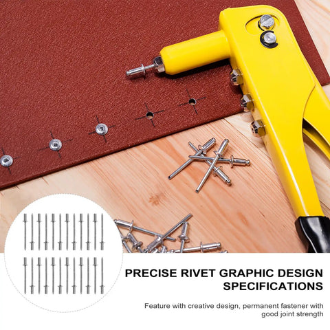 50 Pc Stainless Steel Closed Blind Rivet Kit With Smooth Dome Heads, high mechanical strength shown with yellow rivet tool on wood