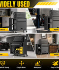 Smooth Rolling 8 Drawer Tool Chest With Nifty Detachable Modular Layout And Secure Locking Drawers For Top Shelf Garage Storage Slick Black Finish in various settings.