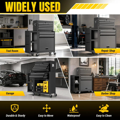 Smooth Rolling 8 Drawer Tool Chest With Nifty Detachable Modular Layout And Secure Locking Drawers For Top Shelf Garage Storage Slick Black Finish in various settings.