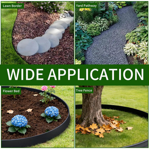 Wide application of No Dig Garden Edging Kit with 100 ft flexible tool-free border for lawn border, yard pathway, flower bed, and tree fence.