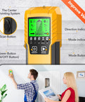 5 In 1 Wall Scanner And Stud Locator For Wood And Metal, Edges And Centers; display close-up; couple using device on wall