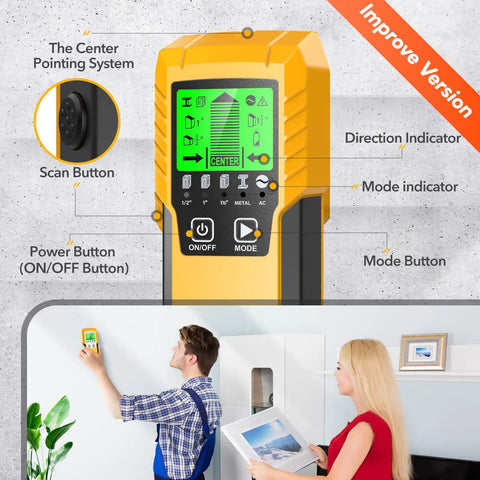 5 In 1 Wall Scanner And Stud Locator For Wood And Metal, Edges And Centers; display close-up; couple using device on wall