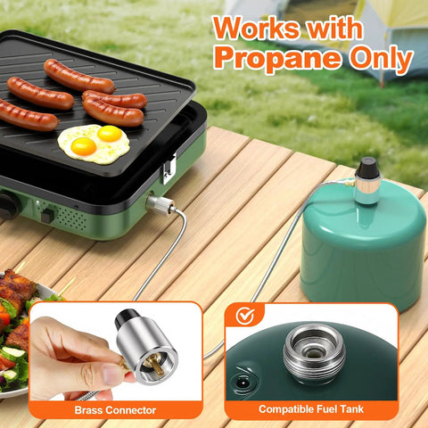 Two Burner Foldable Camping Stove With Carry Bag For Outdoor Cooking setup showing propane connection and eggs with sausages cooking.