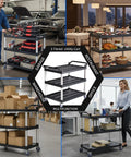 Three Tier Rolling Service Cart With Tangle Free Swivel Wheels And Two Brakes, holding tools and food, shown in diverse environments.