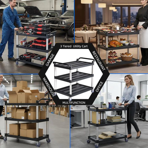 Three Tier Rolling Service Cart With Tangle Free Swivel Wheels And Two Brakes, holding tools and food, shown in diverse environments.