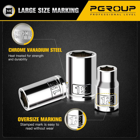 10 Piece 1/2 Inch Drive Shallow Socket Set Metric 10mm Through 19mm, 6 Point Cr-V Steel, Chrome Plated with large size marking