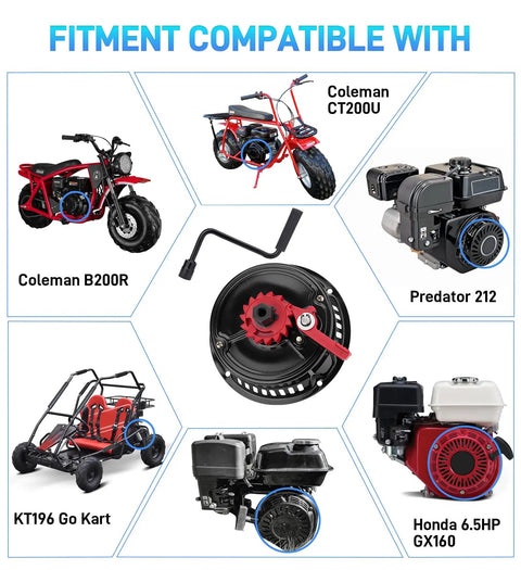 Diagram showing fitment compatibility of Upgraded Crank-Handle Pull Start Recoil Starter Assembly with various engines and vehicles.