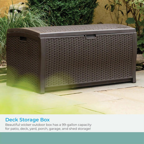 Beefy 99 Gallon Outdoor Wicker Resin Storage Chest with easy grip handles in mocha, placed on patio, for yard storage