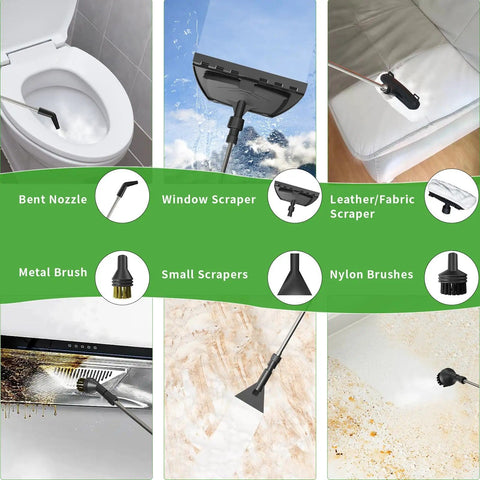 Beast 2500W Handheld Steam Cleaner With 3 Bar Pressure attachments including bent nozzle, window scraper, and metal brush