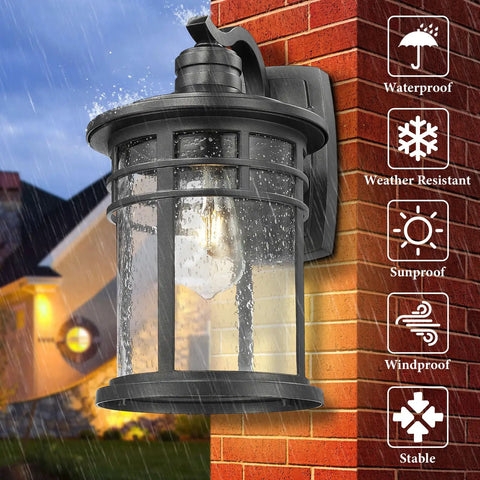 Large Outdoor Porch Light Wall Mount 15 Inch Sconce With Seeded Glass Exterior Lighting For Patio Yard House Hallway Doorway Garage Black Aluminum Rust Proof Weather Resistant Easy To Install