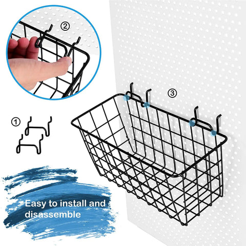 Two Pack Pegboard Baskets For 1/8 And 1/4 Inch Pegboards, Heavy Duty Metal Bins And Wall Mount Hooks, Easy Install Display