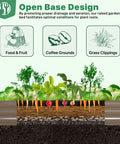Diagram of galvanized raised garden bed kit with soil layers and vegetable illustrations, includes food, coffee, and grass images.