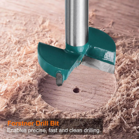 Pro Level Six Piece Forstner Drill Bit Set Equipped With Sharp Carbide Tips For Dead Center Woodcuts On Any Project Includes Six Standard Round Shank Measurements From Fifteen To Forty Millimeters, showing a close-up of a drill bit in wood.