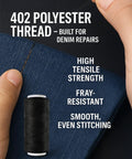 402 polyester thread with black spool, ideal for denim repairs with high tensile strength, shown in close-up stitching.