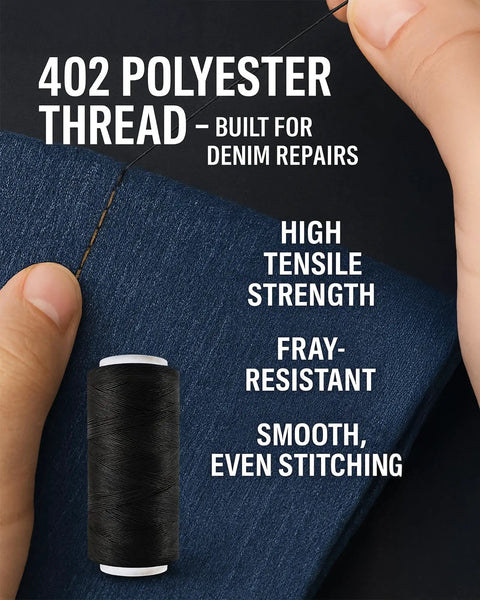 402 polyester thread with black spool, ideal for denim repairs with high tensile strength, shown in close-up stitching.