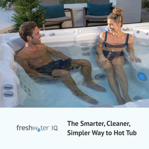 Smart Water Monitor For Spas And Hot Tubs With Salt System Support, Hourly Testing, And Effortless Monitoring To Keep Your Water Clean, natural feeling, and ready for relaxing soaks. White Freshwater IQ hot tub sensor logo