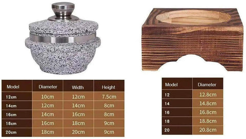Korean Stone Pot For Bibimbap And Stews with size chart, showing granite clay casserole and wooden base for donabe style cooking.