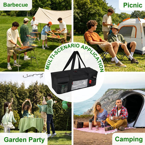 Four images showcasing a Grill Tool Organizer Bag For 24 Inch Spatulas Tongs And More, used for barbecue, picnic, garden party, camping.
