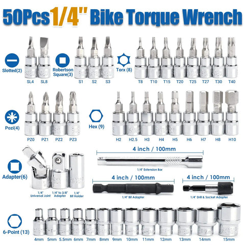 50 Piece Master Bike Torque Wrench Set With One Quarter Inch Drive, 10 To 230 Inch Pound Range, Micro 0.1 Nm Precision Kit