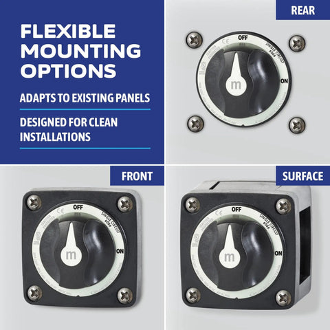 On Off Battery Switch With Knob Black M Series 6006200 For Boats And RVs Compact Panel Mount with flexible mounting options