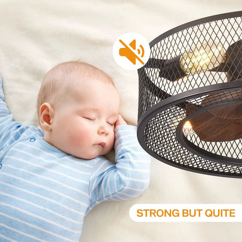 Sleepy baby under Flush Mount Caged Ceiling Fan With Lights And Remote Control, Farmhouse Bladeless Style Low Profile Ceiling Fan