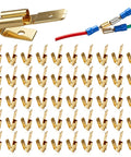 50 Piece Heavy Duty Piggyback Spade Connectors Bulk Kit For Auto Wiring And Home Repair Top Shelf double tab brass connectors and wires.