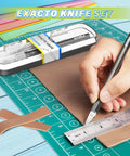 Exacto Knife Set With Case, 12 Piece Precision Craft Knife Kit with 11 Blades used on leather with ruler on cutting mat.